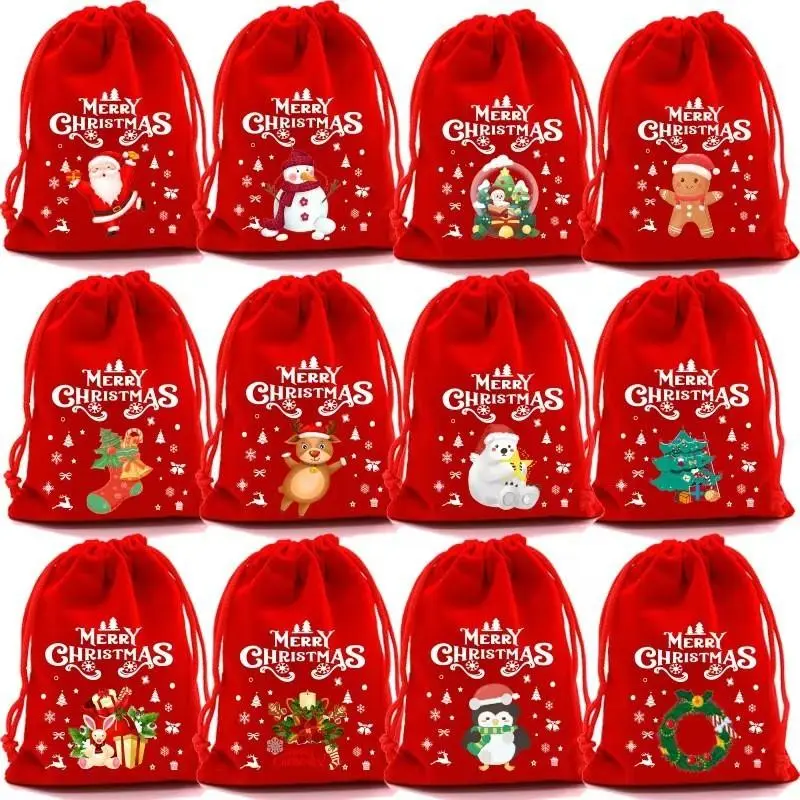 12Pcs Christmas Red Velvet Gift Bags with Festive Designs Drawstring Closure for Holiday Gifts Snacks and Party Favors