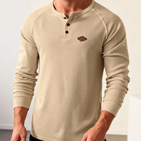 Men's Waffle Knit Henry Shirt, Fitted Long Sleeve Classic Casual Business Button-Up, Soft Breathable Texture Tee Tops, Knit Shirts for Daily Wear & Office Style Henley