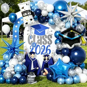 Graduation Balloon Arch Set, Shiny, Blue / Gold, Includes Explosive Stars, Caps, Certificates, Latex, Foil, Metal Balloons, Party Decorations