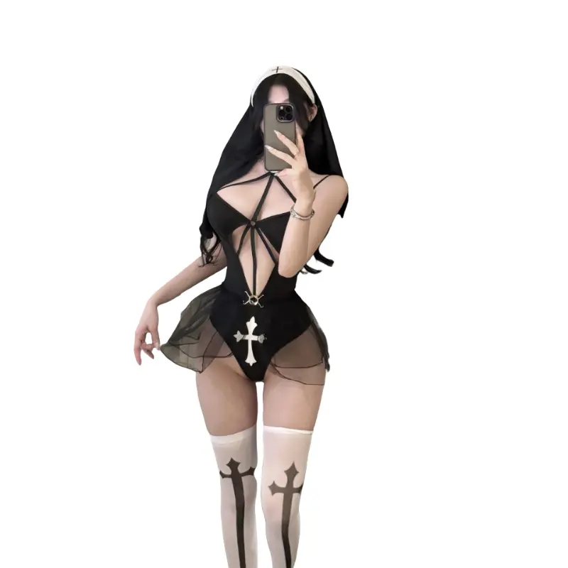 Lady Women's Halloween Nun Costume, 3-Piece Set (Veil + Onesie + Stockings) with Classic Habit Design, All Sizes Cosplay Outfit Accessories for Themed Parties, Three-Piece Set Veil + Onesie + Stockings