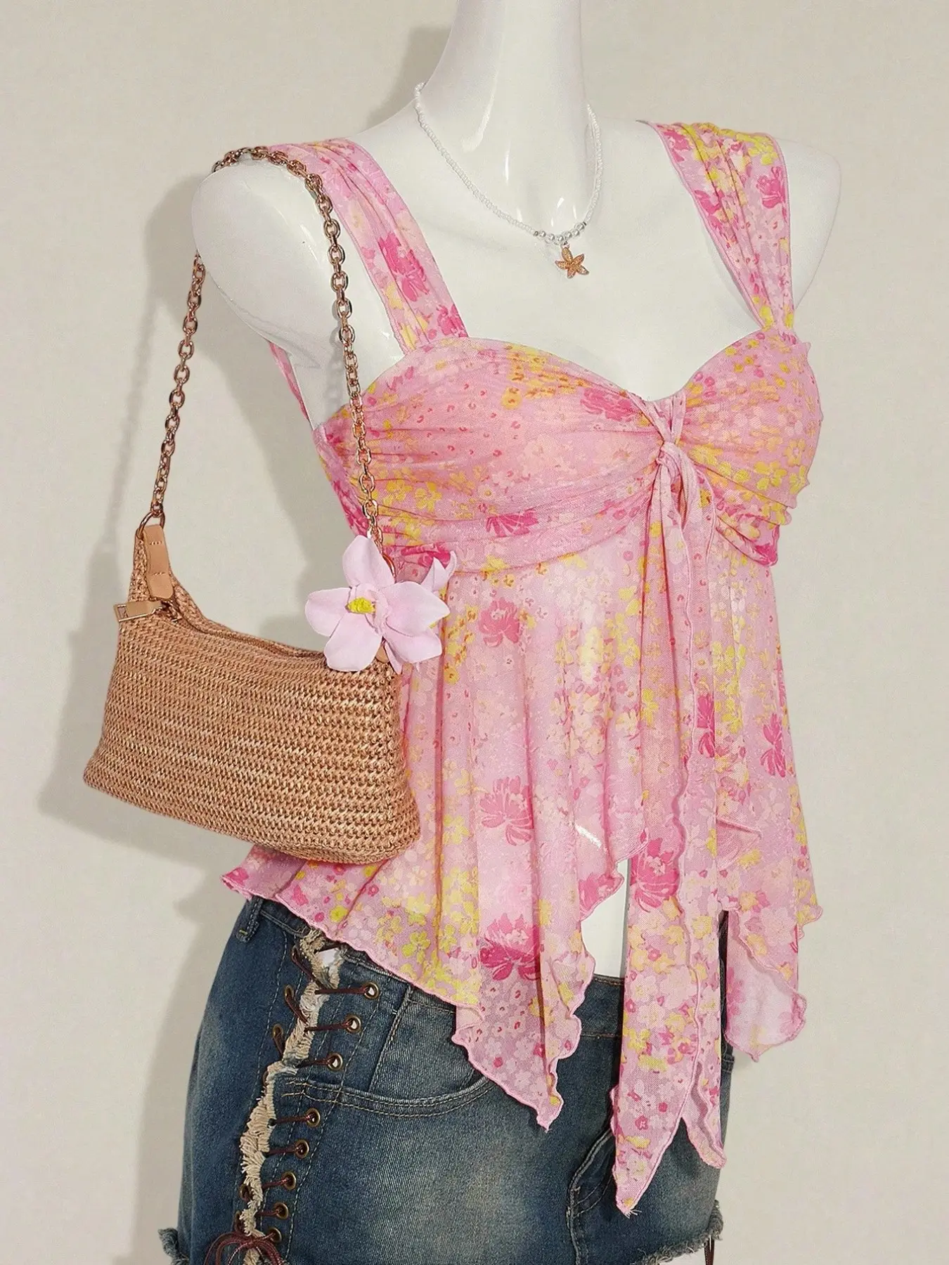 Women’s Floral Asymmetrical Hem Top, Cute Sheer Mesh Printed Sleeveless Boho Style Shirt for Spring & Summer, Vacation Style Floral Blouse, Bohemian Attire