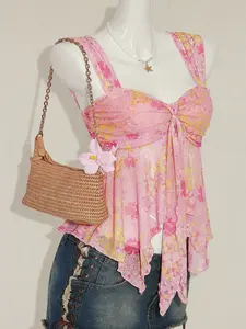 Women’s Floral Asymmetrical Hem Top, Cute Sheer Mesh Printed Sleeveless Shirt for Spring & Summer, Vacation Style Floral Blouse