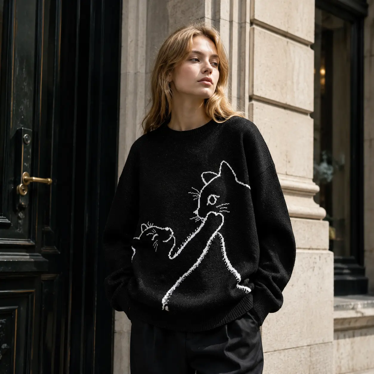 Women's Soft Polyester Knit Longsleeve Crew Neck Pullover - Graphic Cat Kitten Print, Minimalist Casual Everyday Basic Top, Machine Washable, Ideal for Fall, Chinese New Year, Easter, Christmas