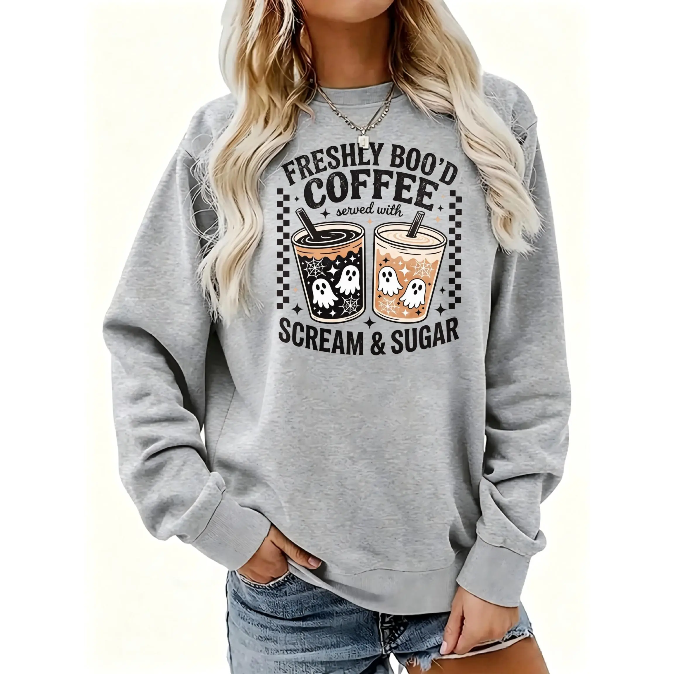 Women's Freshly Boo'd Coffee Scream Sugar Crewneck Sweatshirt | Soft Stretchy Long Sleeve Pullover | Cozy Fall Layering Essential For Casual Daily, Office & Streetwear Looks Womenswear Chic