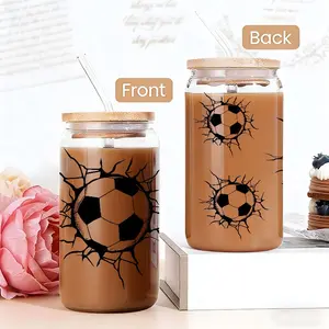 Cool Soccer Print 16oz covered straw glass drinking cup, reusable glass drinking cup, high-quality glass jar design, suitable for iced coffee, beer, juice, milk, cold drink glass cups, fashionable glassware, Tumbler. Perfect gift for coffee lover