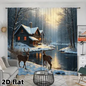 2D Flat 2Pcs Winter Snow Log Cabin Curtains Nature Scene Deer Stream Window Drapes Forest Landscape Print Rod Pocket Panel Light Filtering Polyester Room Darkening Thermal Insulated Living Bedroom Decor Washable