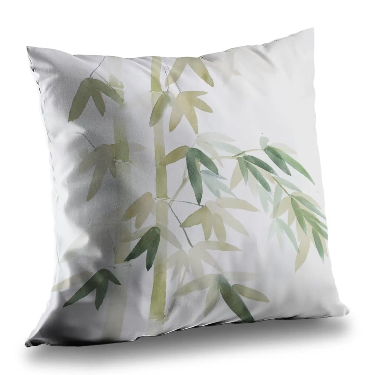 Begin Home Decor C1PC1414WODVVI 14x14 in. Minimalist Bohemian Watercolor Bamboo Leaves Throw Pillow, Floral Green Poly Twill Interior Style Decorative Standard Pillow