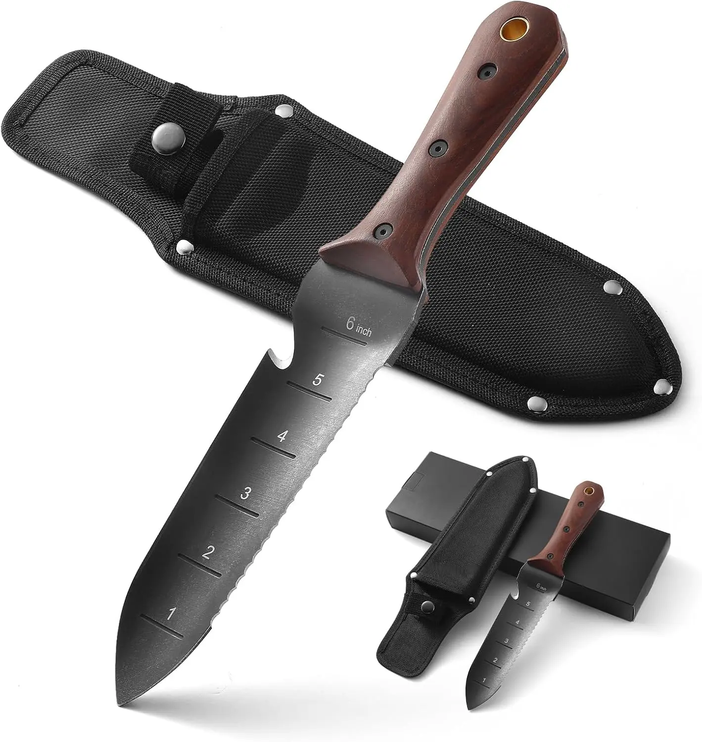 NEXSEN Hori Hori Garden Knife,7" Stainless Steel Blade with Cutting Edge, Garden Tools with Full-Tang Walnut Wood Handle and Hanging Hole for Weeding Digging Planting