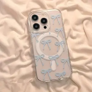 Acrylic Transparent Wireless Charging Phone Case with Magnetic Pink And Blue Bow Simple Pattern, Suitable for iPhone17 16 Promax/15/14 Plus/13/12/11 Protective Case