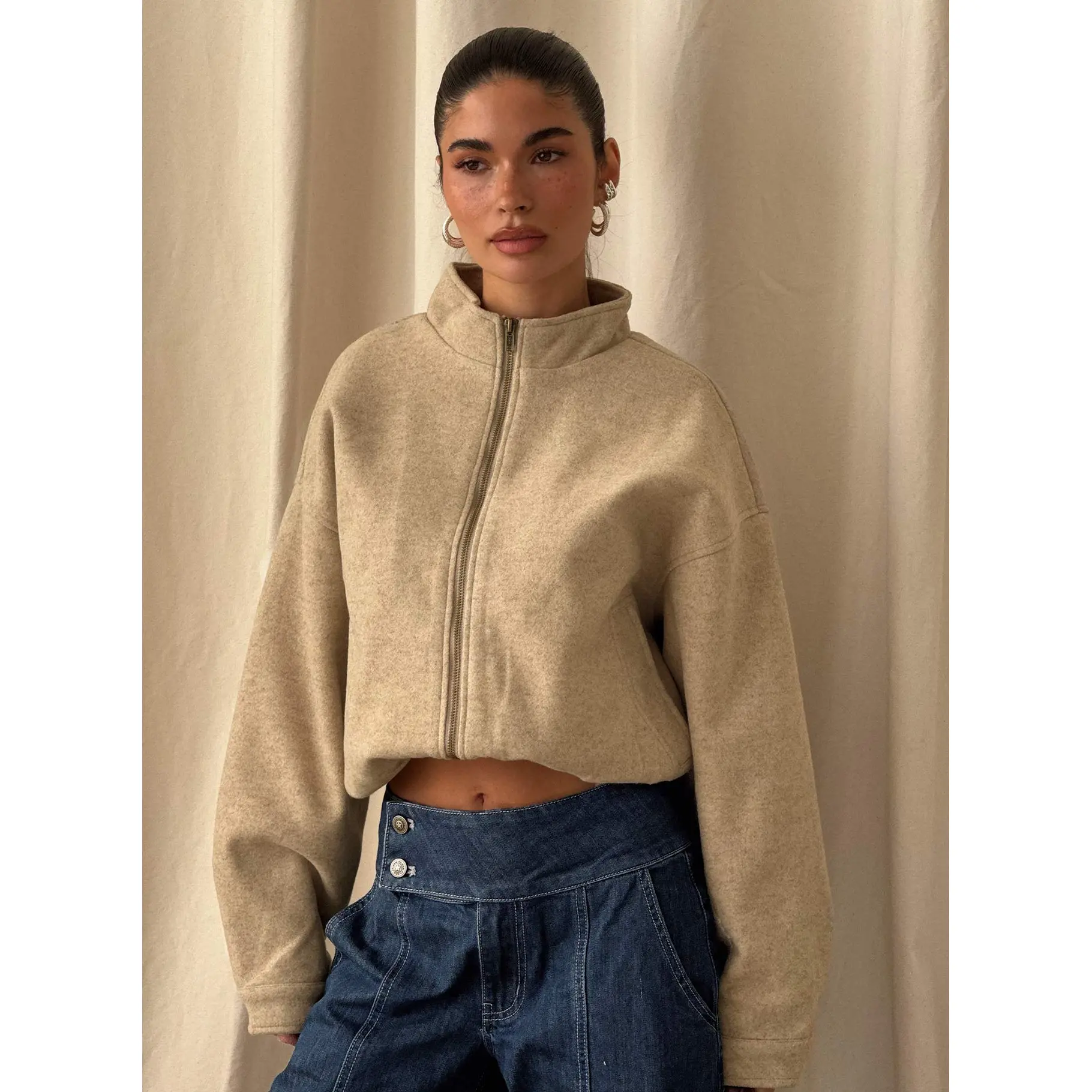 Chayden Cropped Faux Wool Bomber Jacket Beige