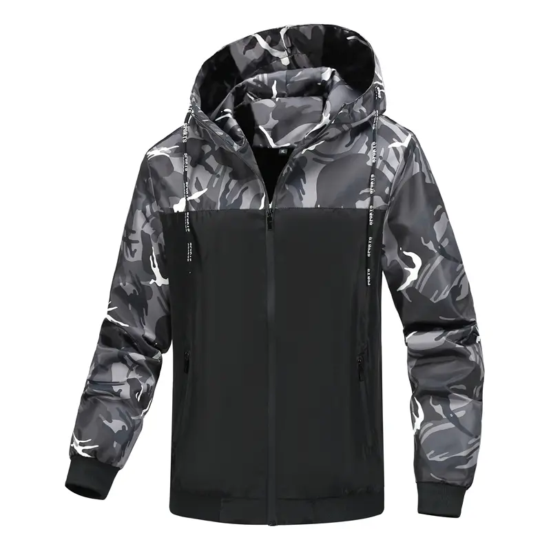 Men's Casual Hooded Jacket with Camouflage Patchwork, Fitted Longsleeves Outdoor Outerwear with Zipper