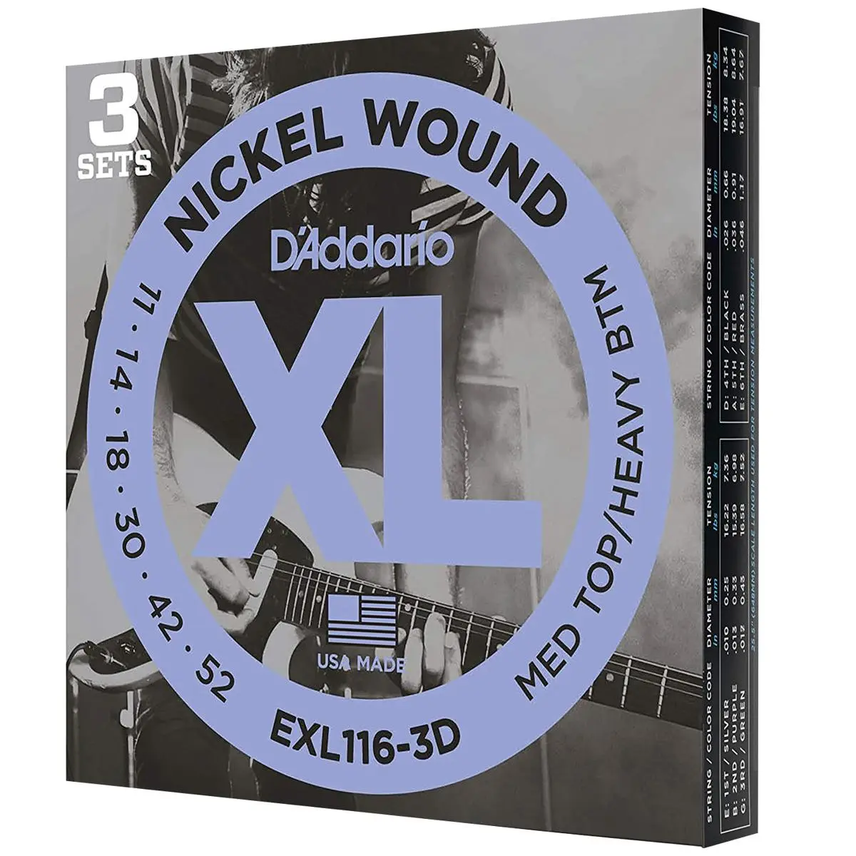 D'Addario EXL116 XL Nickel Wound Electric Guitar Strings Set - Medium Top, Heavy Bottom, 11-52 Gauge, 3-Pack (Music Accessory for Musical Instruments)