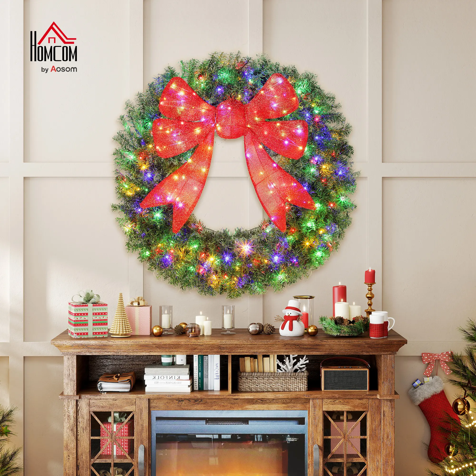 HOMCOM Flocked Pre-Lit LED Metal Artificial Christmas Wreath - 36-60in, IP44 Waterproof, 3D Red Bow, 11 Lighting Modes, Multicolor LED Ornaments, Remote-Controlled Switch, Lifelike, for Indoor/Outdoor Curb Appeal Holiday Use, Decor, Led Festive Decoration