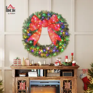 HOMCOM 36-60in Flocked Pre-Lit LED Festive Decoration Metal Artificial Christmas Wreath, Waterproof, 3D Red Bow, 11 Lighting Modes, Multicolor LED Ornament, Remote-Controlled for Indoor Outdoor Holiday Use