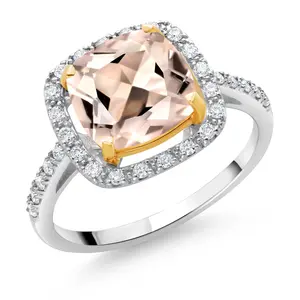 Gem Stone King 925 Sterling Silver and 10K Yellow Gold Peach Morganite and White Lab Grown Diamond Engagement Ring For Women (2.09 Cttw, Cushion Cut 8MM)