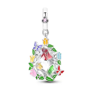 MULA Crystal Tulip Pendant - Silver-Plated, Colorful Enamel, Glass, Cubic Zirconias, Bright Green Leaves, Vibrant Tulips, Charm Bracelet-Compatible, Cheerful Jewelry, Flower Necklace Accessory, Ideal Gift for Women on Romantic Occasions