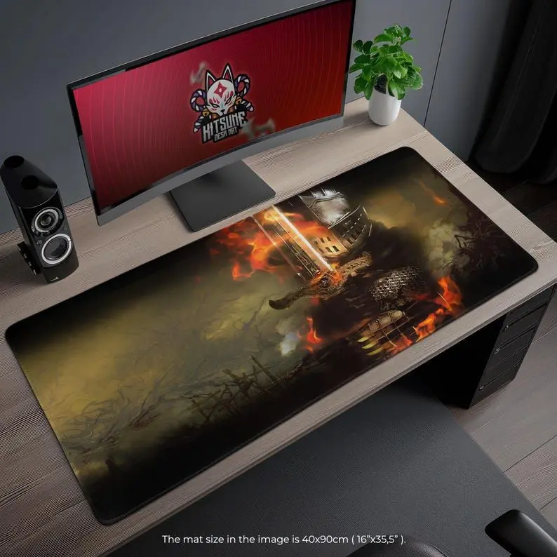 Dark Souls Desk Mat - Knight of Astora with Flaming Greatsword, Epic Fantasy Gaming Mouse Pad, Gift for RPG Fans