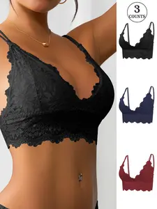 Women's Solid Color Lace Bra, Breathable Comfortable Wireless Push Up Bra, Softness Casual Lingerie for All Seasons, Scallop Trim Bra