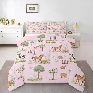 Feelyou Kids Cartoon Animals Comforter Set - Pink Horse, Sheep, Cow, Pig Bedding, Polyester Fibre Rustic Farmhouse Quilt, Woodland Trees Duvet Insert for Bedroom, Multi-Size Travel-Ready