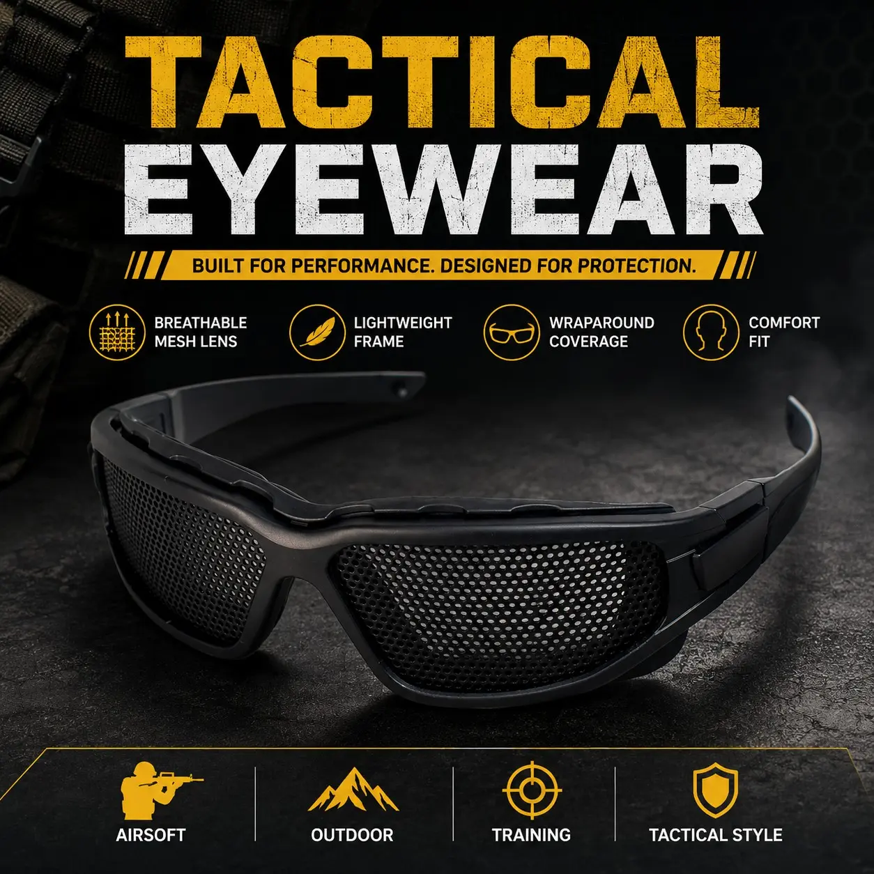 Tactical Mesh Eyewear for Airsoft, Outdoor Training & Work, Breathable Lightweight Protective Glasses, Wraparound Comfort Fit, Safety Glasses, Safety Gear, Safety Equipment
