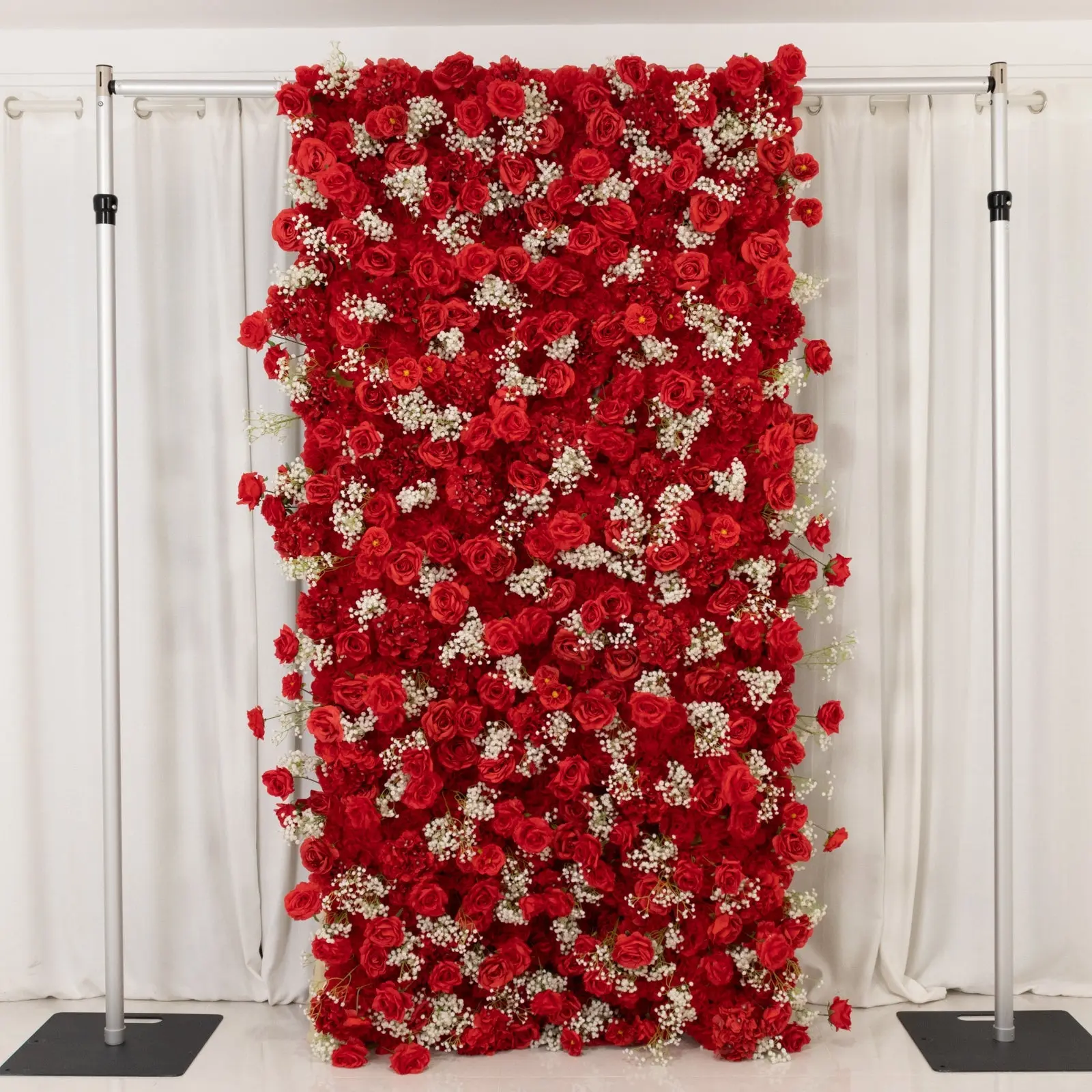 Roll Up Flower Wall Backdrop with Fabric Backing – 8ftx4ft Red Artificial Silk Roses & Baby's Breath