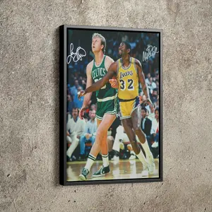 Larry Bird and Magic Johnson Poster, Basketball Painting Hand Made Posters, Wall Art Man Cave Gift Home Decor