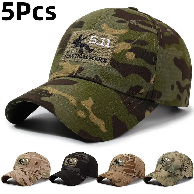 5-Pack Men's Sports & Outdoor Hats, Casual Mixed-Style Baseball Caps with Camo for Hiking & Travel, Mens Hats, Hiking / Light Outdoor, Camouflage Snapback Hat, Camo Pattern