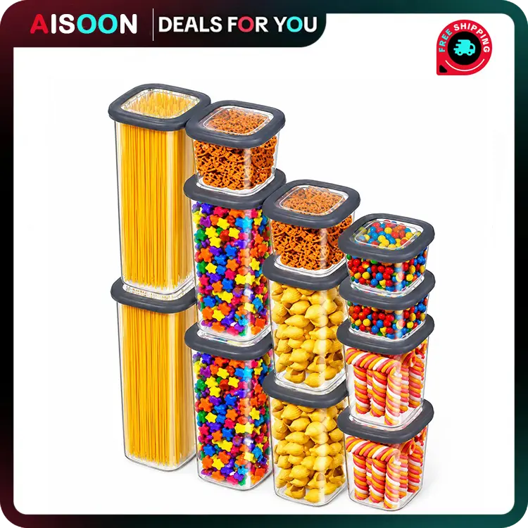AISOON 12-Pack 360ml Airtight BPA-Free Plastic Food Storage Containers with Lids - Kitchen Pantry Restock Canisters for Fridge Organization, Cooking at Home, Includes Labels