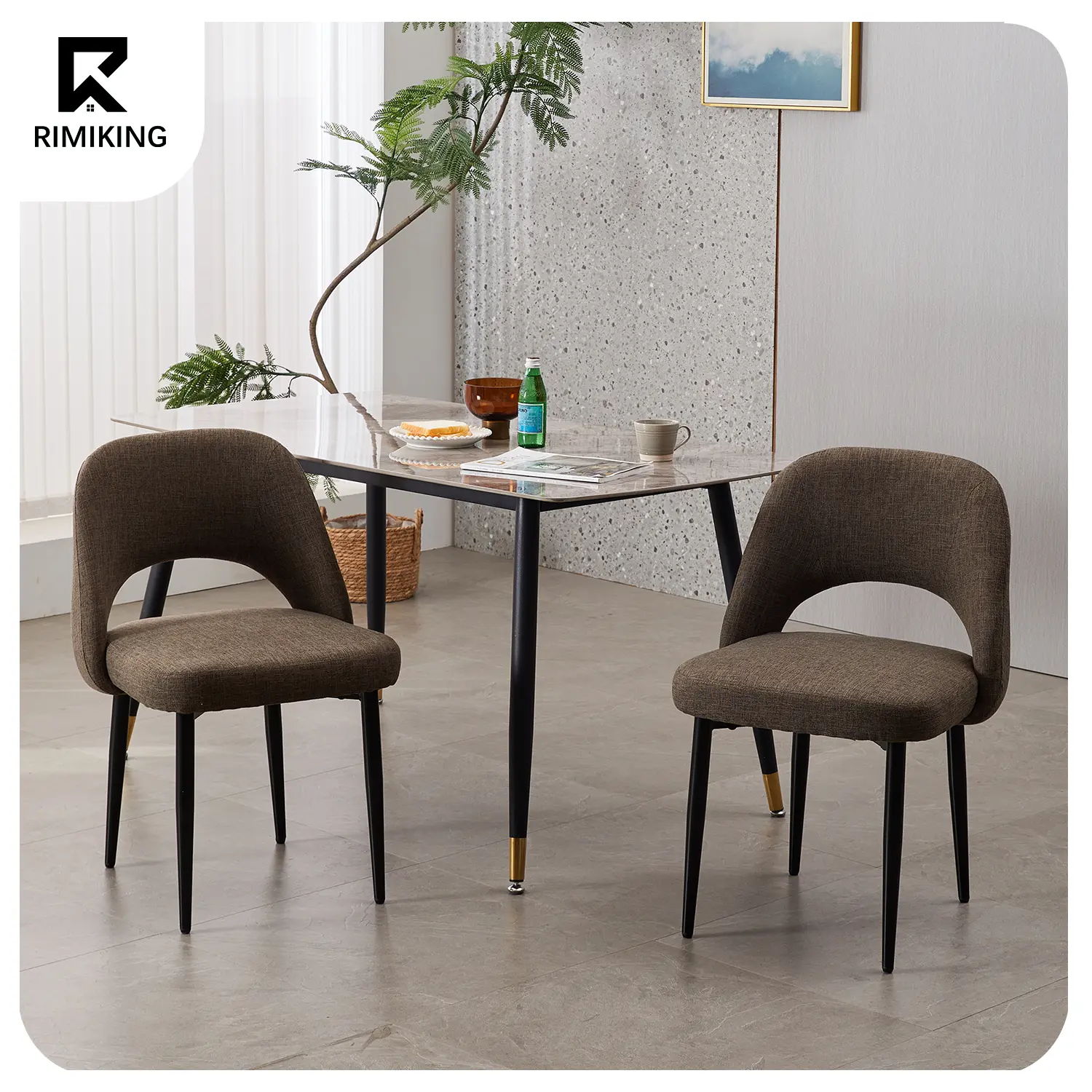 RIMIKINGRIMIKING Modern Dining Chairs Set of 2, Comfy Fabric Upholstered Side Chairs with Curved Back and Metal Legs, Accent Chairs for Home