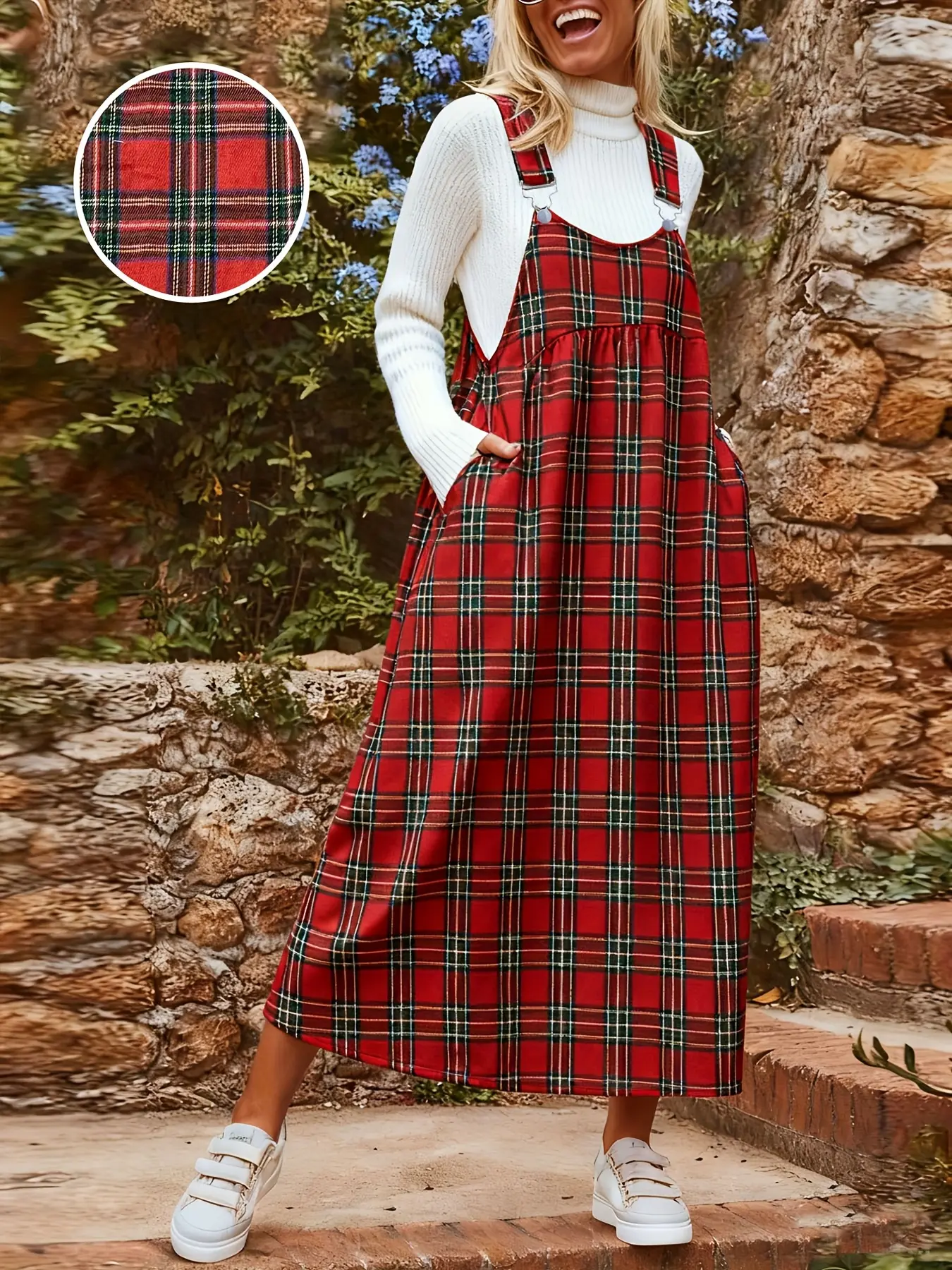 Women's Plus Size New Adjustable Strap Belted Print Plaid Casual Overall Dress, Stylish Loose Fit Design, Perfect for Daily & Everyday Wear & Comfortable