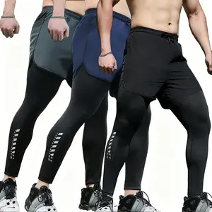 Men's 3-Piece Built-In Compression Leggings Training Shorts - Lightweight Moisture-Managing Fabric, Dual-Layer Construction, Ideal for HIIT Workouts, Gym Sessions, Built-In Men's Pants