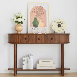 Giratree 47.2” Mid-Century Modern Console Table with Fluted Design & Sliding Tambour Door – Narrow Wooden Sofa Table for Living Room, Hallway, Entryway, or Behind Couch