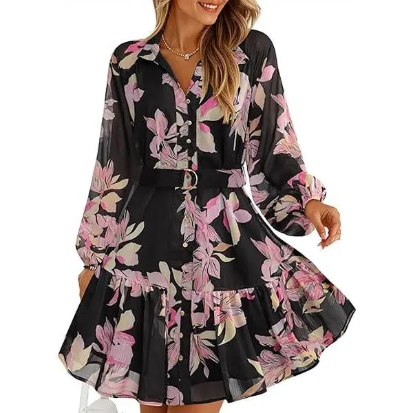 ZESICA Womens Floral Long Sleeve Mini Dress Spring Button Chiffon A Line Swing Short Wedding Guest Holiday Party Dresses