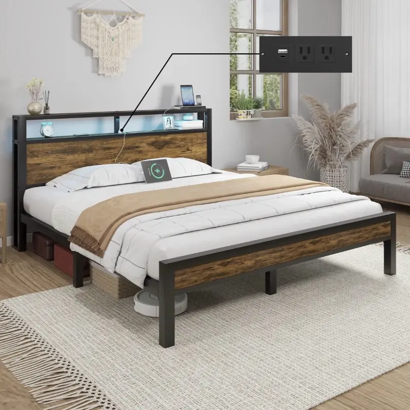 Full/Queen/King Size Metal Bed Frame Platform with 2-Tier Storage and LED lights