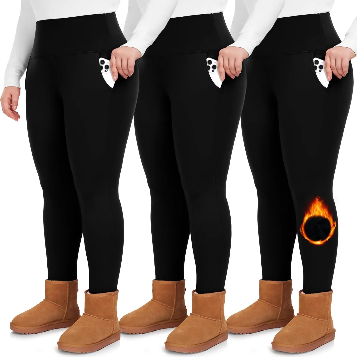 3 Pack Plus Size Fleece Lined Leggings with Pockets for Women-High  Thermal Workout Winter Warm Yoga Pants