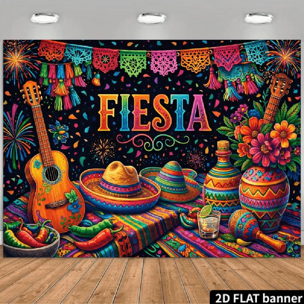 2D Flat Polyester Fiesta Theme Birthday Backdrop Banner - HD Digital Print, Soft Lightweight Foldable Cloth, Colorful Print with Guitars, Sombreros, Maracas, Chili Peppers, for Birthday Party Decor, Party Decoration Idea