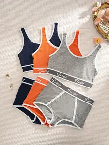 Women's Letter Print Underwear Set, Casual Sports Bra & High Waist Panties, Comfortable Soft Fabric, Fashion Design, All Seasons, Elastic Waist Cami, Knit Fabric Underwear
