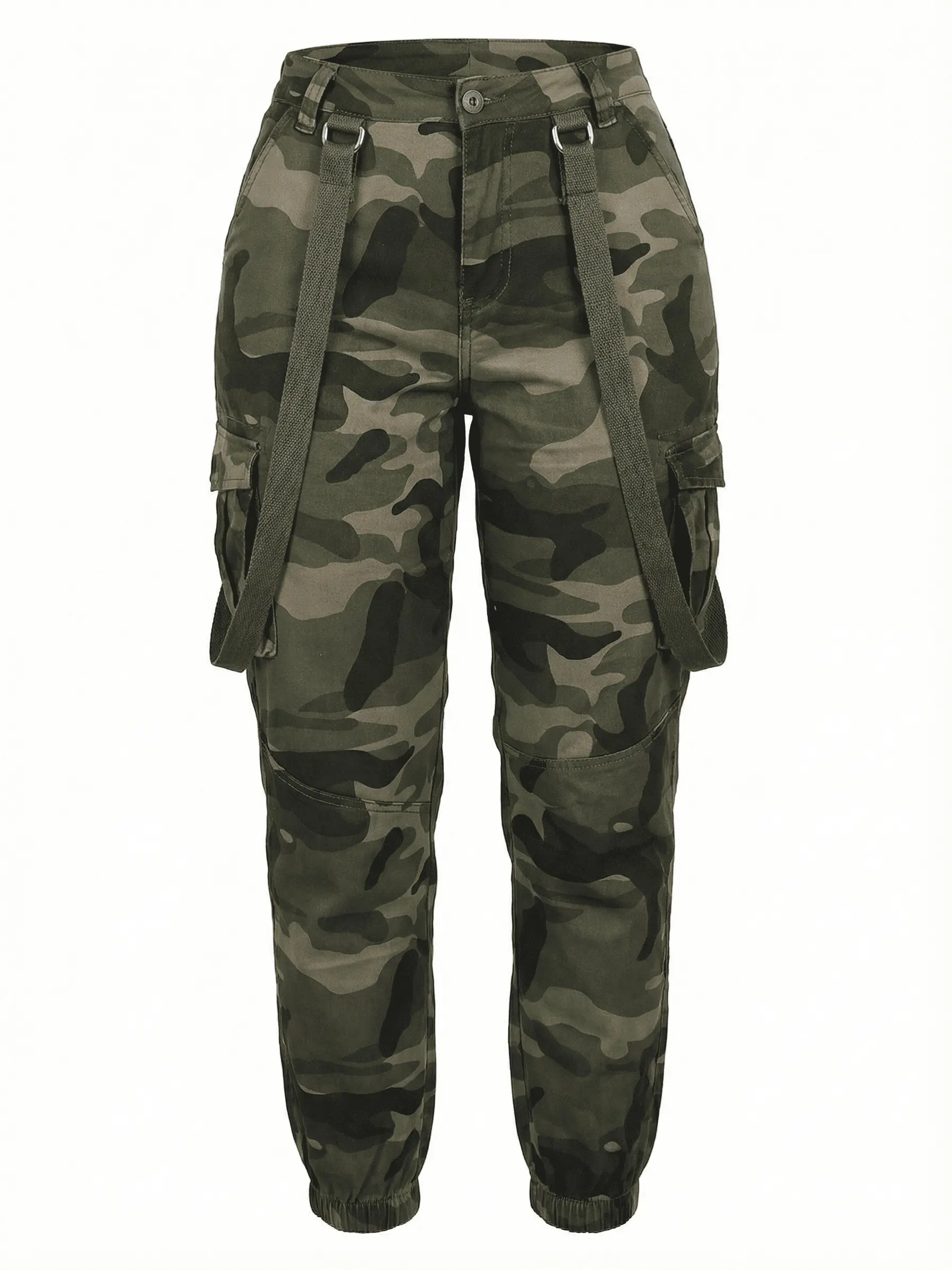 Women's Camouflage Cargo Pants with Suspenders - Casual Tapered Streetwear Bottoms, Adjustable Casual Pocket Waist, Knit Fabric, Sports & Outdoor Use, Machine Washable, Comfortable Fit Womenswear, Outdoors
