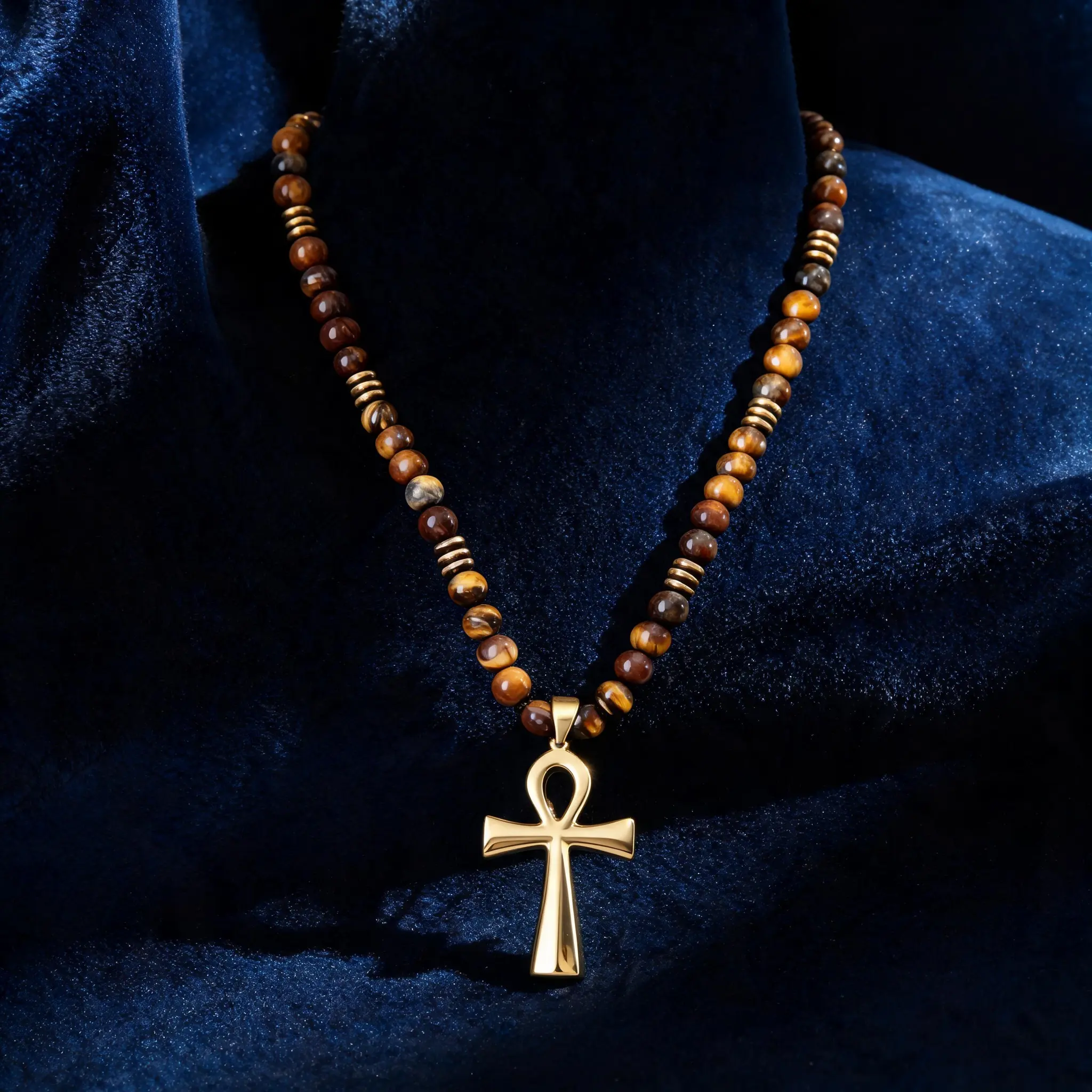 Ankh Cross Necklace with Natural Tiger Eye Beads, Adjustable Knot Cord, Stone Beaded Crystal Necklace for Men, Tiger Eye Beaded Necklace Natural Stone Pendant Necklace Gold Cross Necklace, Perfect Gift for Him/Her/Mom &Men's Accessories,