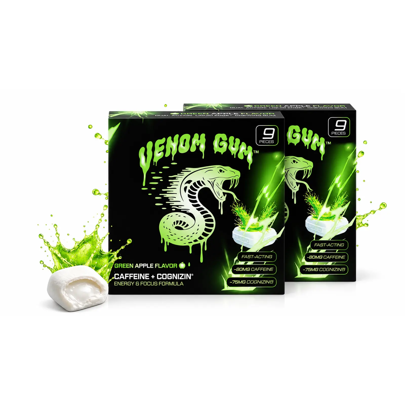 Venom Gum Energy & Focus Nootropic Gum | 80mg Natural Caffeine + Cognizin | Liquid Center | Zero Sugar | No Crash | Green Apple and Mint | 18pcs in each Flavor