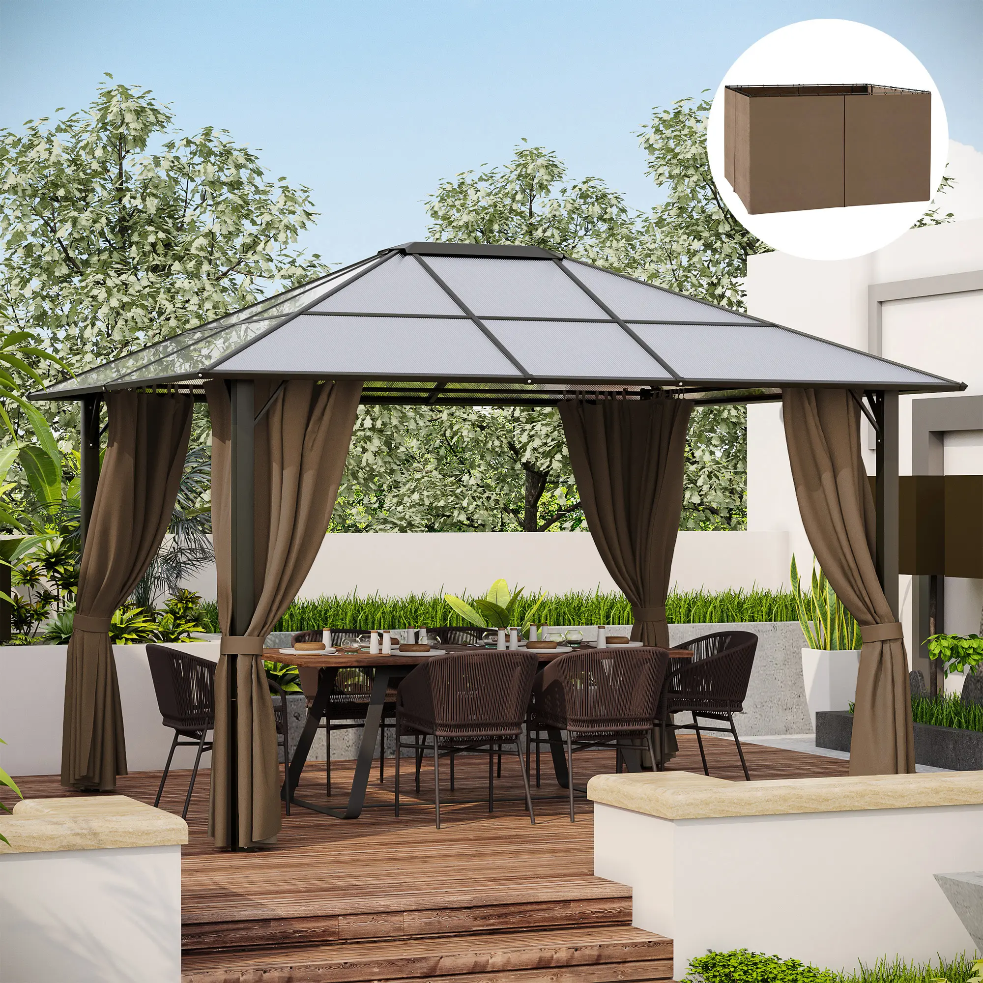 9.84' x 11.8' Gazebo Sidewall Set with Hooks & C-Rings – 4 Replacement Curtains with Zippers (Inside/Out) & Securing Straps, Fits Most Metal Gazebos, Brown
