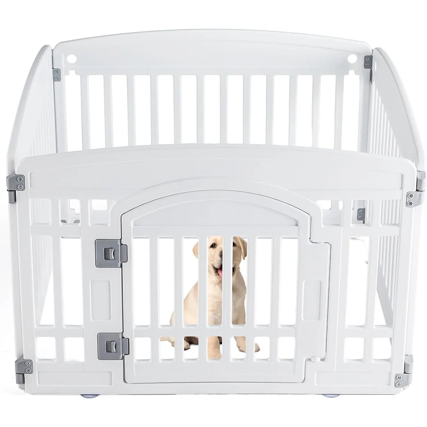 White Plastic Exercise Puppy Playpen, 24-Inch Durable Expandable 4-Panel Pet Fence for Small to Medium Dogs, Portable for Indoor-Outdoor Use with Locking Door,camping essentials, 24 Inches