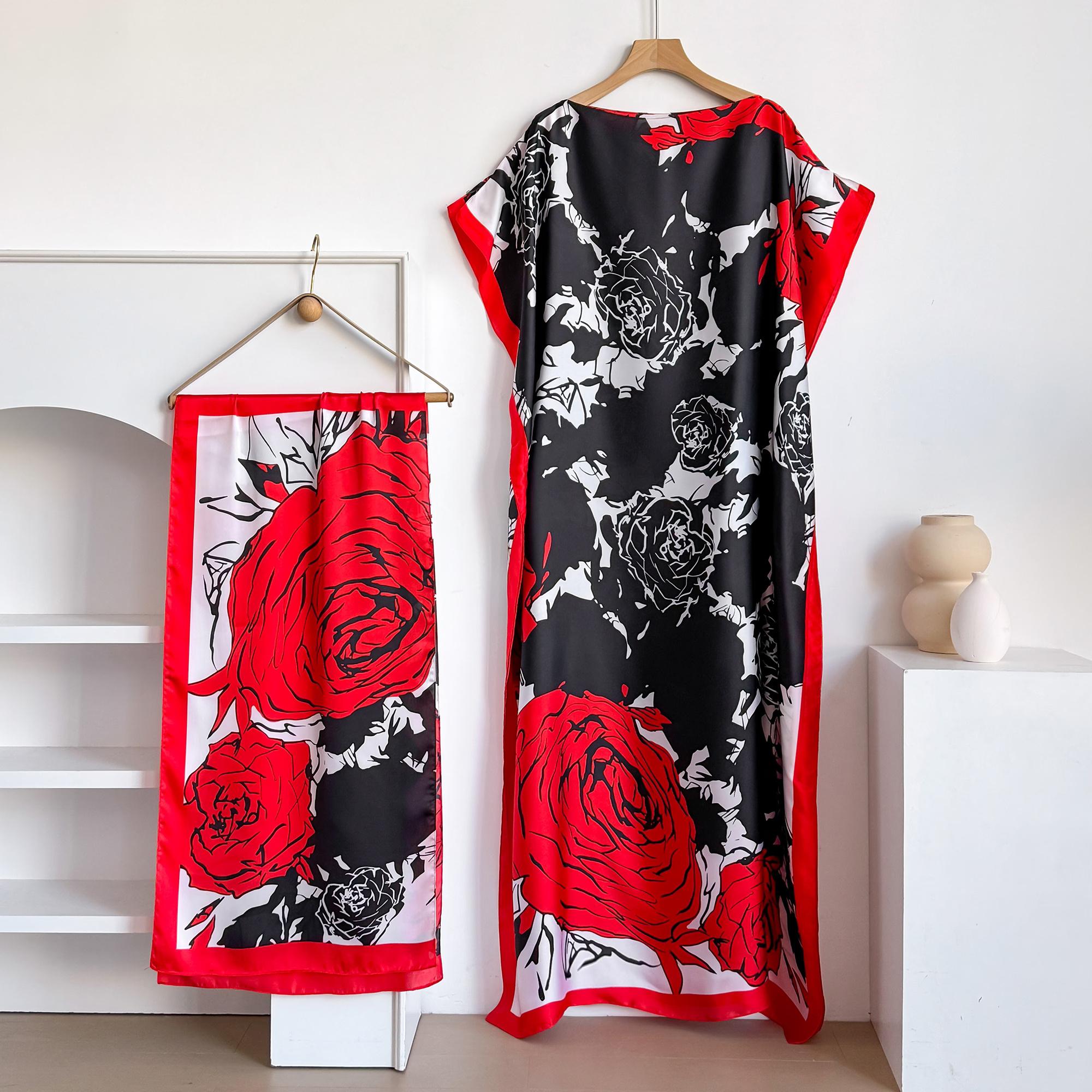 Women's Long Shawl Set Floral Print Robe Set with Shawl Collar Dress, Long Scarf Headband