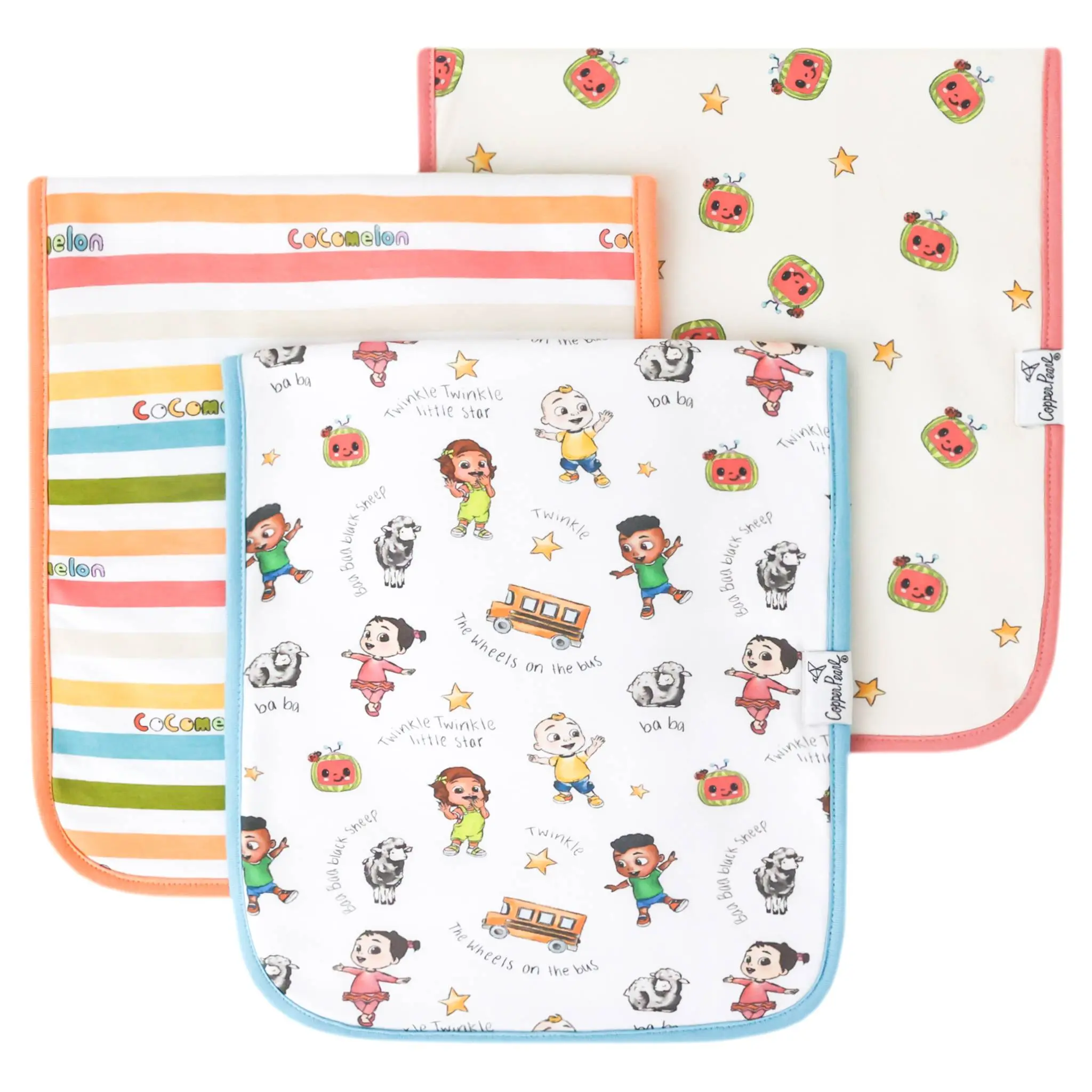 Copper Pearl 3 Pack Premium Burp Cloths - CoComelon Friends | Premium Absorbent Burp Cloths for Babies | Oversized Coverage | Soft Multi-Layer Design | 3 Pack
