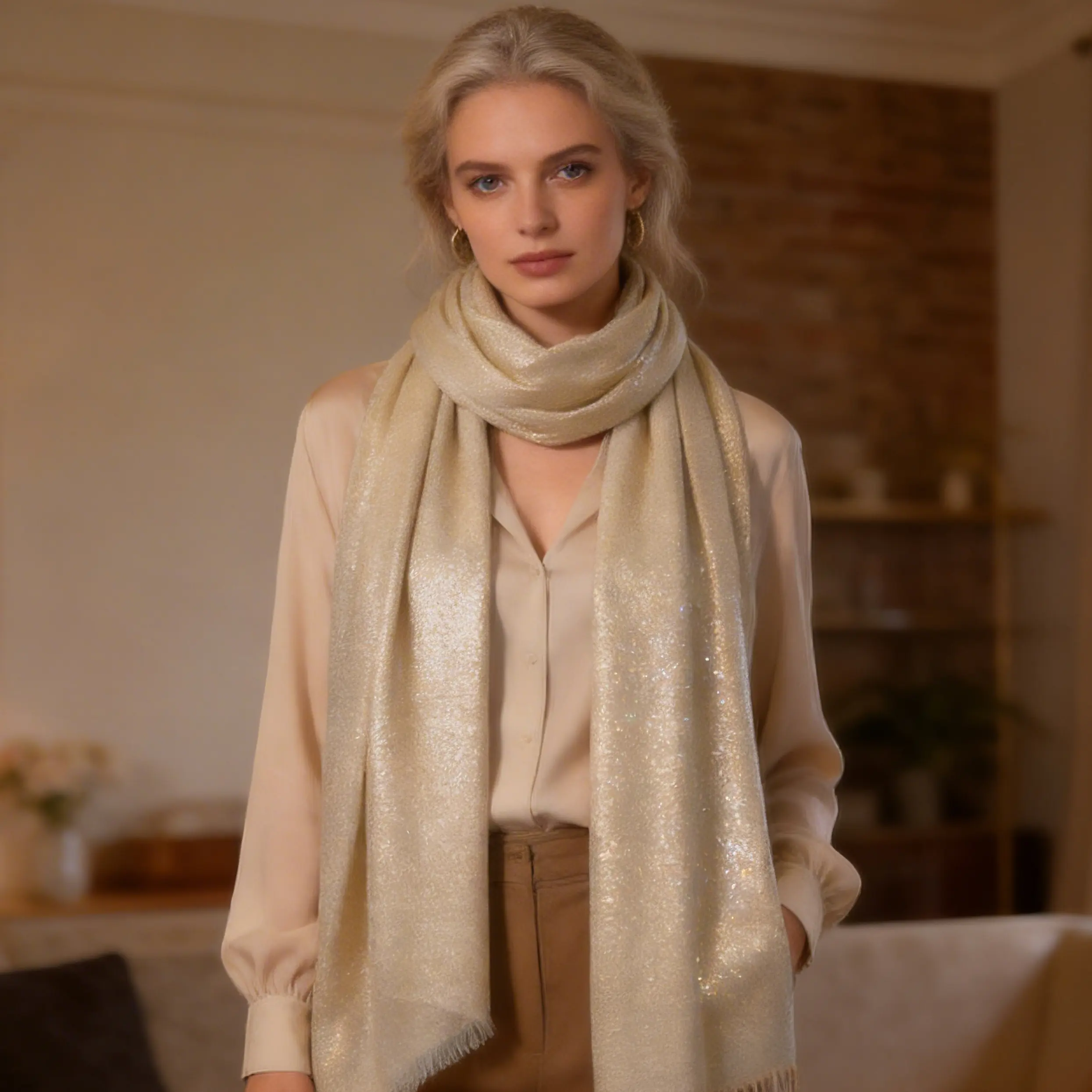 Vselectstudio #35 Gold Glitter Scarf Shimmer Long Shawl Wrap Elegant Metallic Sparkle Scarf for Women Lightweight Fashion Evening Shawl Party Wedding Wrap Soft Shiny Long Scarf Fall Winter Outfit