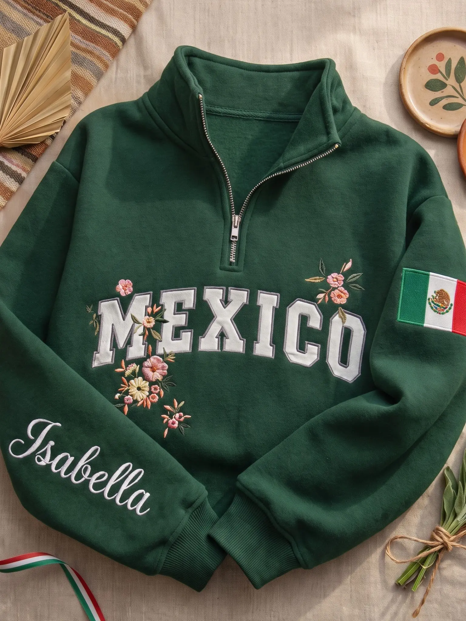 (Leave a note) Custom Mexico Floral Applique Embroidered Quarter Zip, Personalized Mexican Flag Embroidery Shirt, Latina Heritage Pullover Women Gift Green Cotton