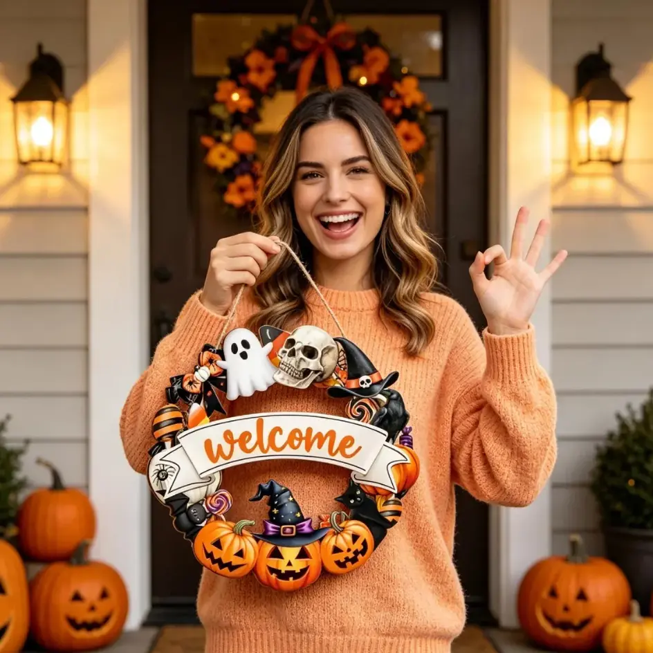 Halloween "Welcome" Wreath - Spooky Front Door Hanging Sign Decoration with Pumpkins, Ghosts, Skulls & Witch Hats, Perfect for Fall Home Decor, Haunted House Party Props, Indoor/Outdoor Porch Decoration, Unique Halloween Gift Idea