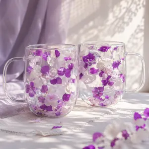 2PC 350ml Double-layer Glass Flower Tea Cup, Heat-insulated Coffee Cup with Built-in Dried Flowers, Transparent Water Mug for Home & Office, Summer Cool Drinking Cup. Glossy finish, lightweight and durable, perfect gift for women, reusable design.