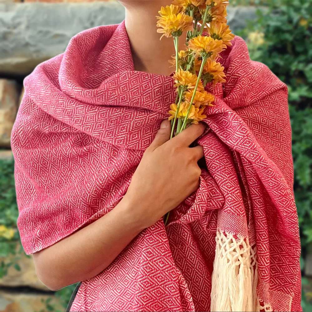 Unisex Geometric Shawl - Handmade Pedal Loom Rebozo, Thick Cotton Fabric, 23" Wide x 70" Long (23x70"), Decorative Trim, Fringe Trim, Rectangular Warm Casual Wrap for Cooler Day Outfits