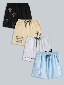 men's letter & cross print drawstring waist shorts, casual baggy regular fit pocket elastic waist graphic shorts, shorts for men, men's bottoms for summer, shorts for men, menswear